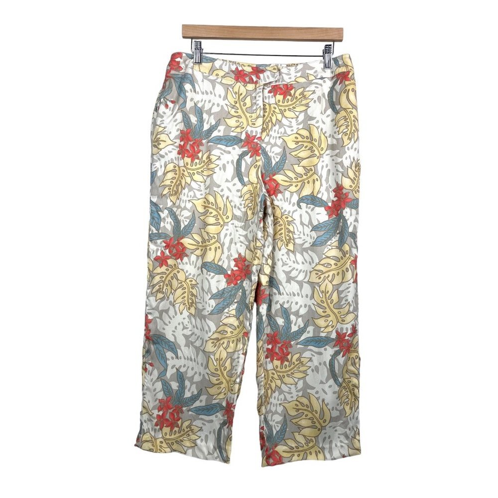 VTG August Silk washable 100% Silk boho floral cropped‎ pants sz L